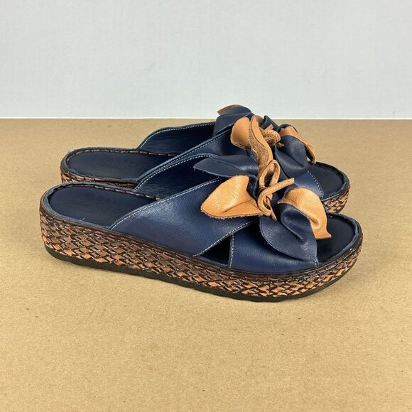 Spring Step Hilary Leather Sandals Womens 6.5/7 EU 37 Blue Tan Floral Wedge - Picture 3 of 11